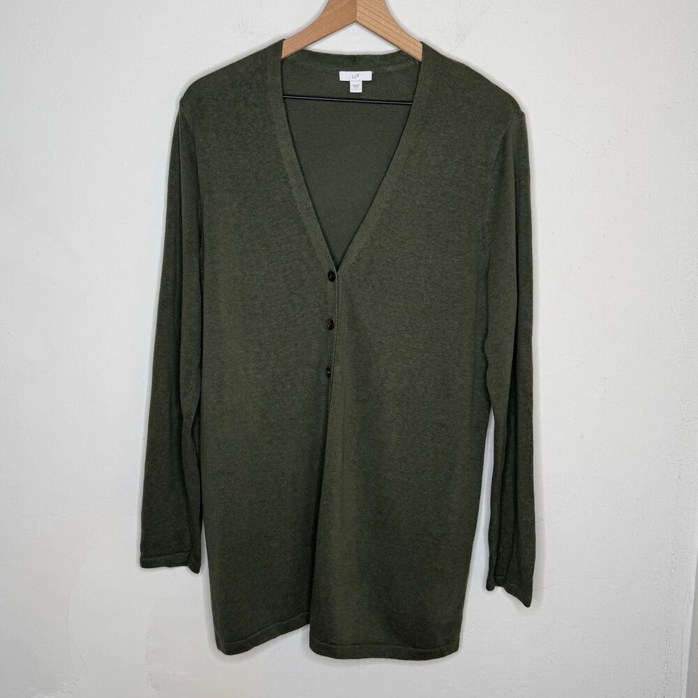 J Jill Linen Blend Cardigan‎ Sweater Large Green Longline Button Front Casual